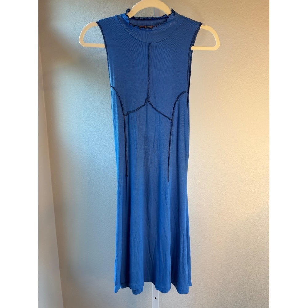 Urban Outfitters Blue Ribbed Open Back Mini Dress Lettuce Trim Large Cyber Y2K - Picture 3 of 8